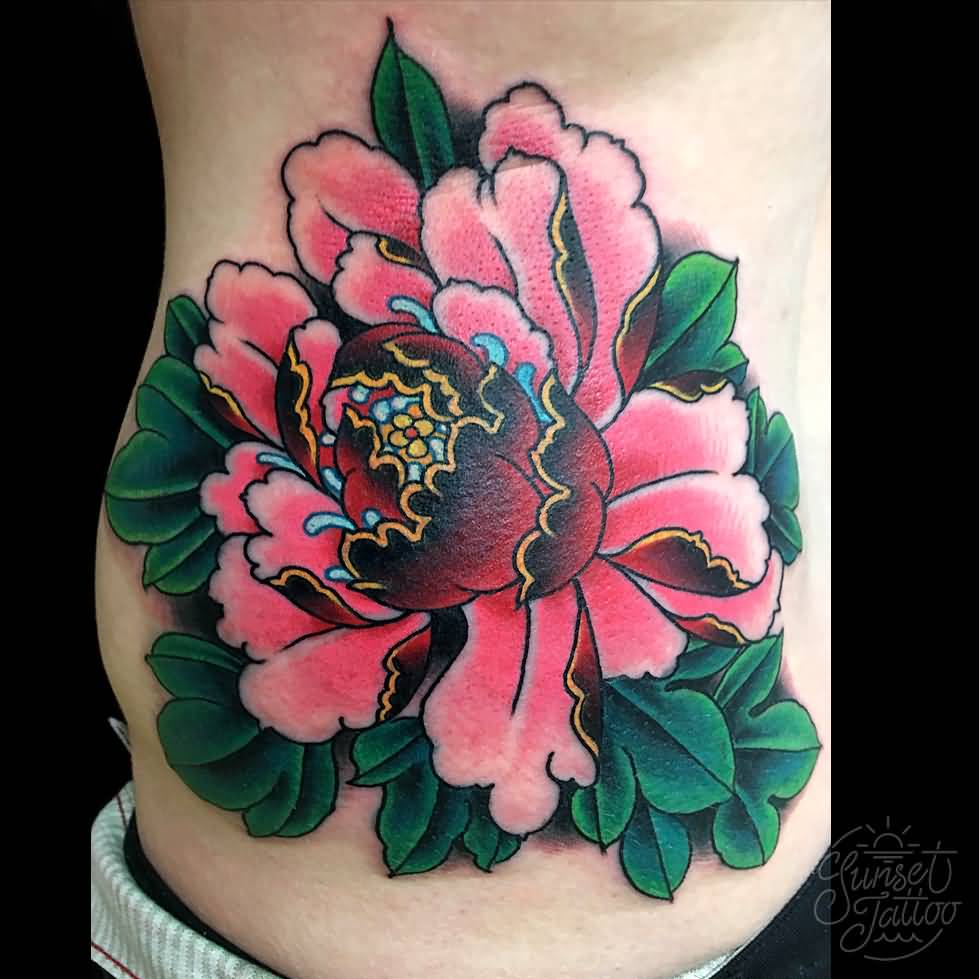 Traditional Peony Flower Tattoo On Right Side Rib