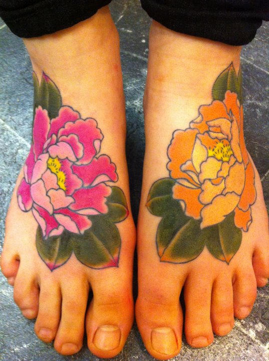 Traditional Peony Flowers Tattoo On Both Feet