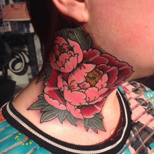 Traditional Peony Flowers Tattoo On Side Neck