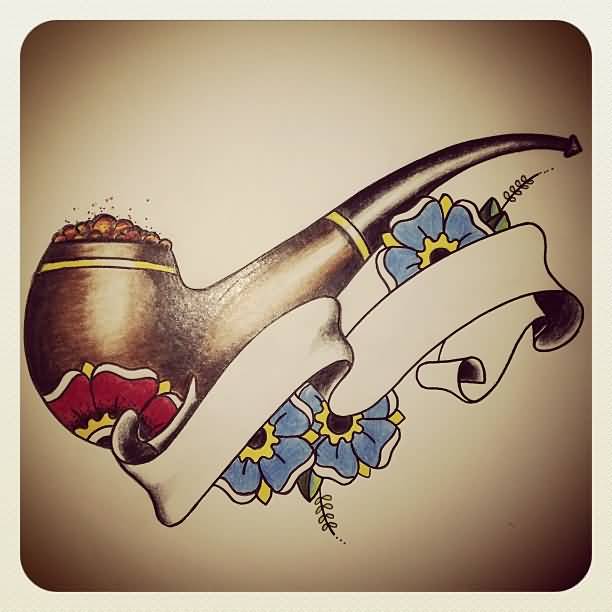 Traditional Pipe With Flowers And Ribbon Tattoo Design