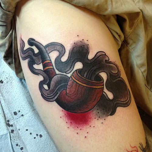 Traditional Pipe With Smoke Tattoo Design For Thigh