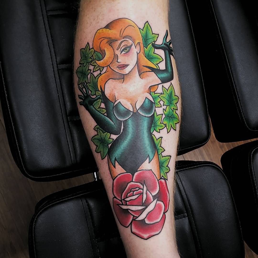 Traditional Poison Ivy With Rose Tattoo Design For Leg.