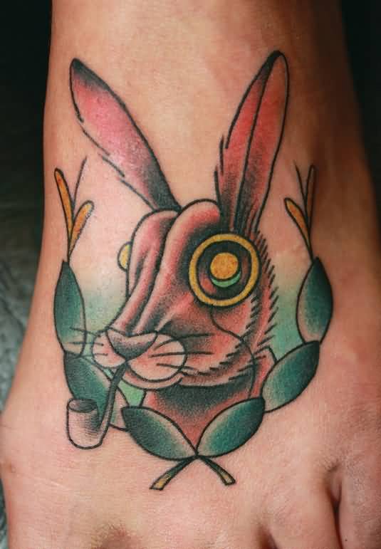 Traditional Rabbit Smoking Pipe Tattoo On Foot