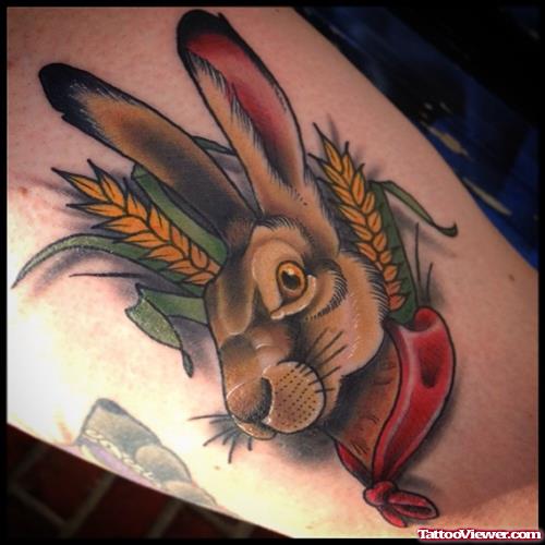 Traditional Rabbit With Wheat Tattoo Design For Sleeve