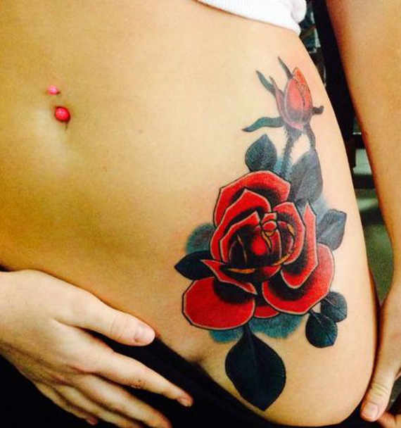 Traditional Rose Tattoo On Girl Left Hip