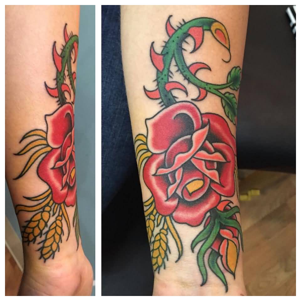 Traditional Rose With Wheat Tattoo On Forearm