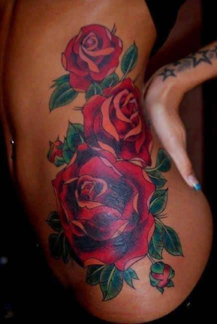 Traditional Roses Tattoo On Girl Left Hip