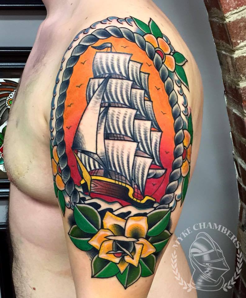 Traditional Ship Tattoo On Half Sleeve by Myke Chambers