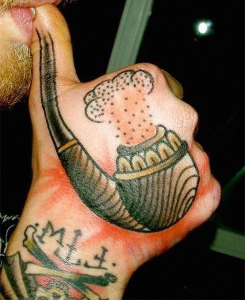 Traditional Tobacco Pipe With Smoke Tattoo On Man Hand