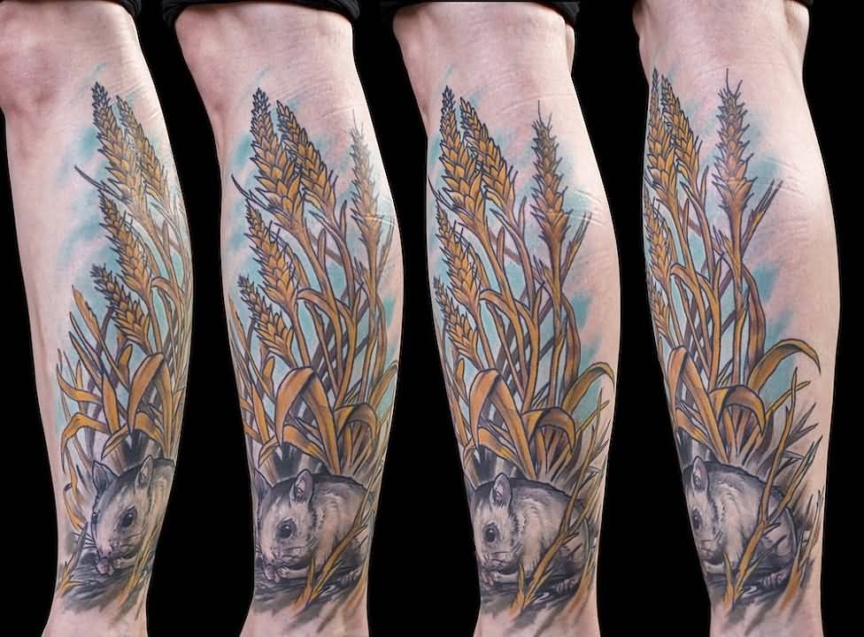 Traditional Wheat With Rat Tattoo Design For Leg