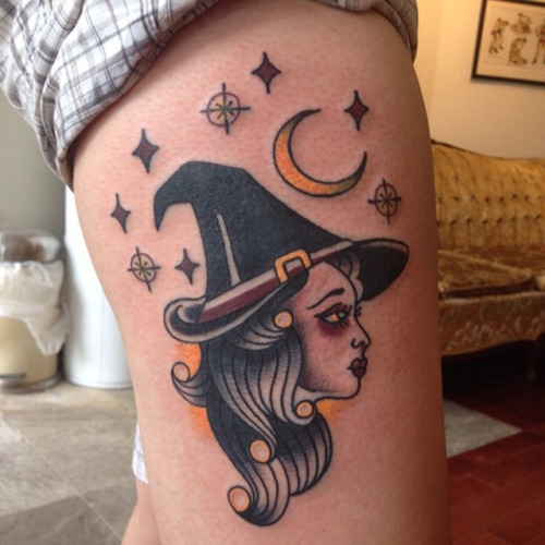 Traditional Witch Tattoo On Side Thigh