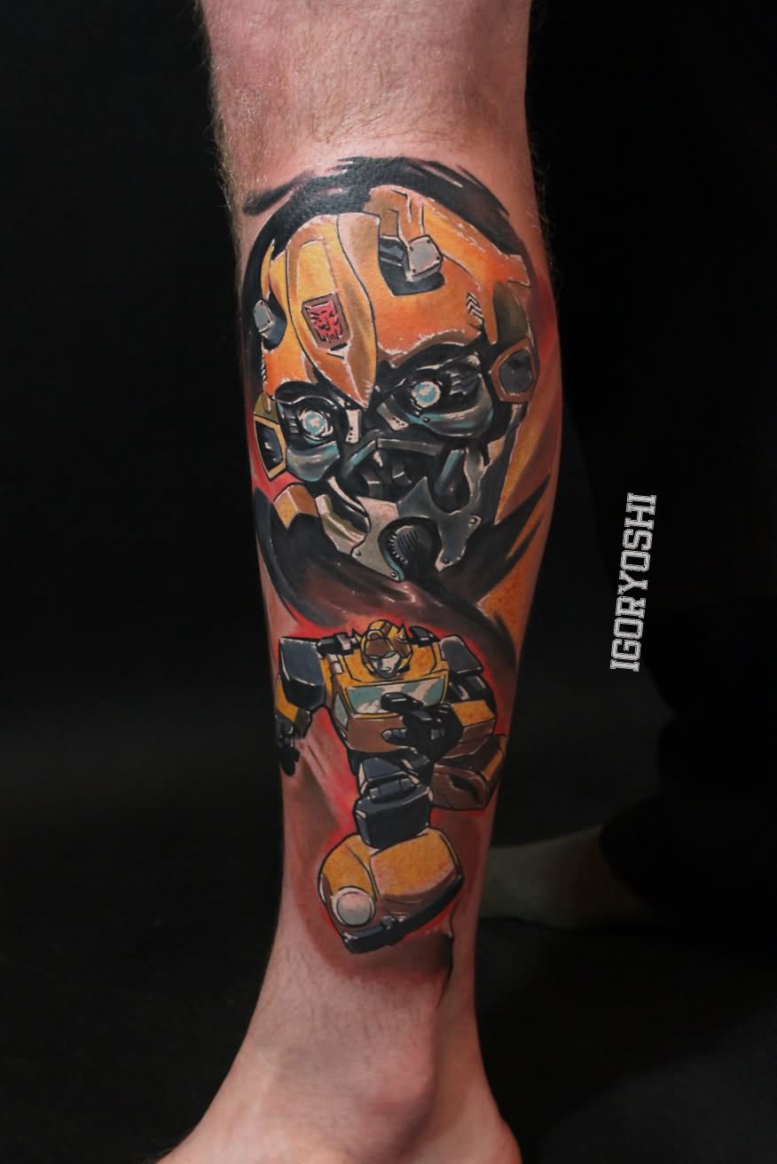 Transformer Bumblebee Tattoo On Leg Calf By Igor