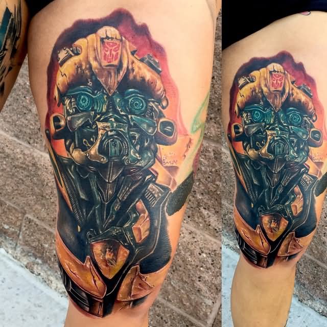 Transformer Bumblebee Tattoo On Thigh