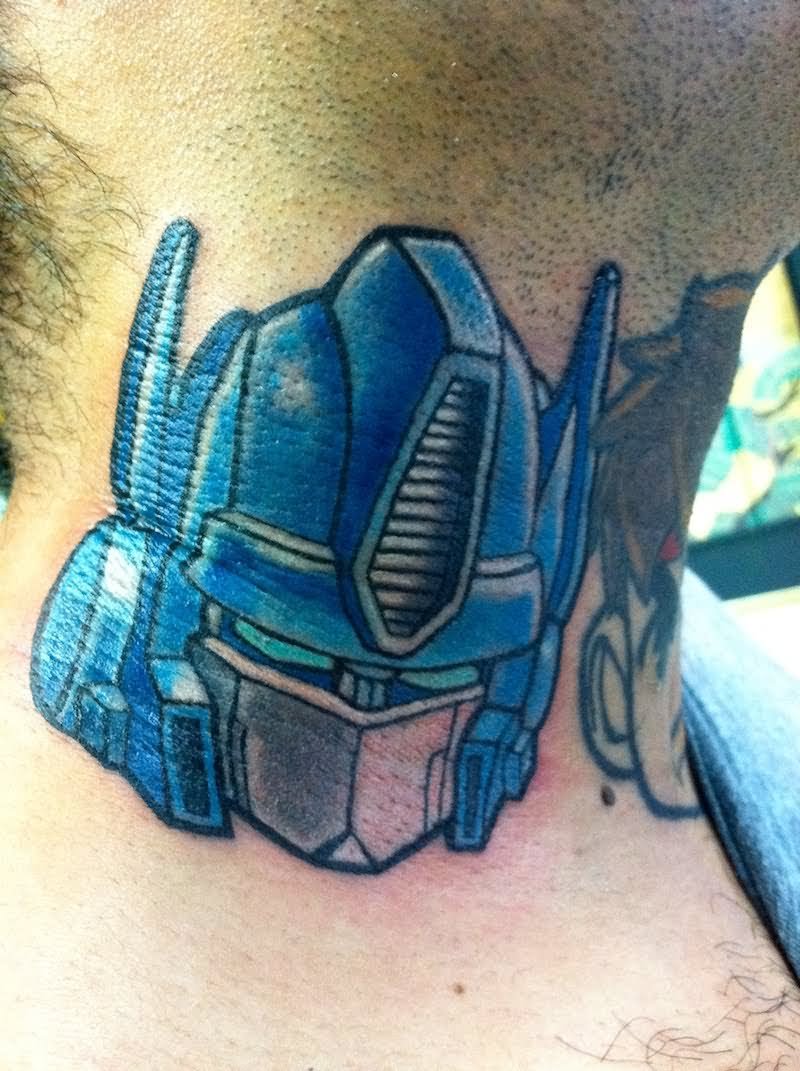 Transformer Head Tattoo On Man Neck