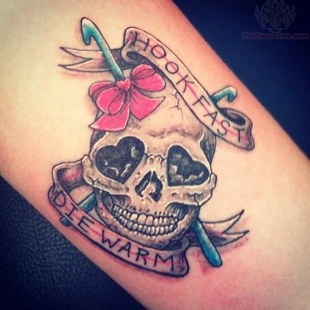 Two Crossing Hook With Skull And Banner Tattoo Design For Sleeve