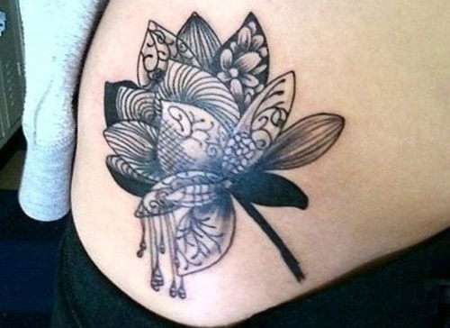 Unique Black Ink Lotus Flower Tattoo Design For Hip