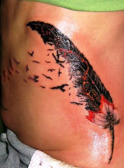 Unique Red And Black Feather With Flying Birds Tattoo On Left Hip