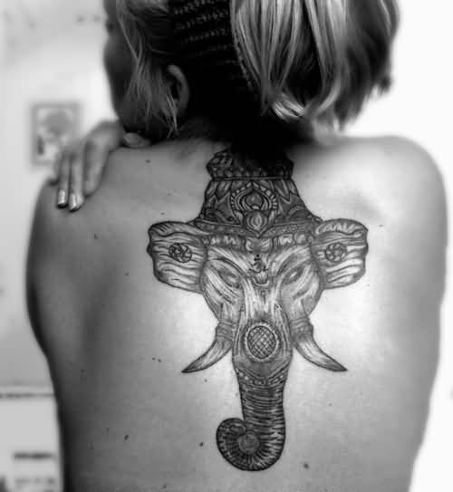 Upper Back Grey Ink Ganesha Head Tattoo