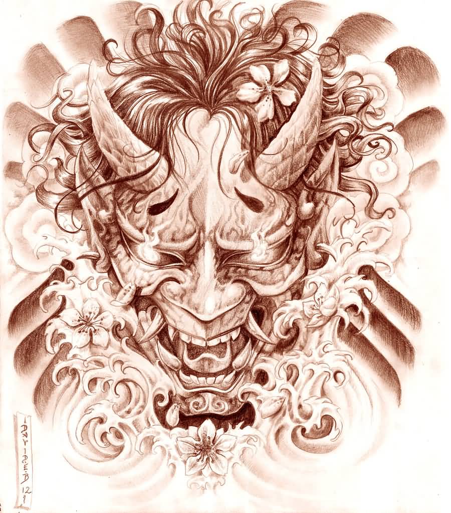 Water Waves And Hannya Tattoo Design