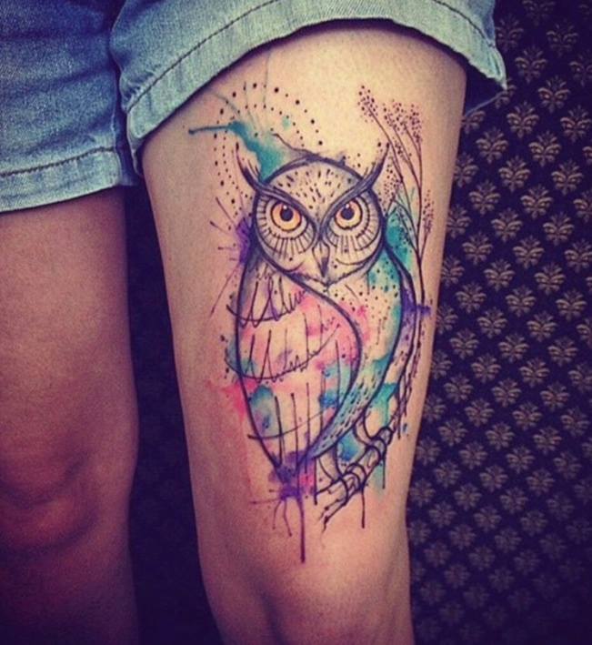 Watercolor Owl Tattoo On Left Thigh