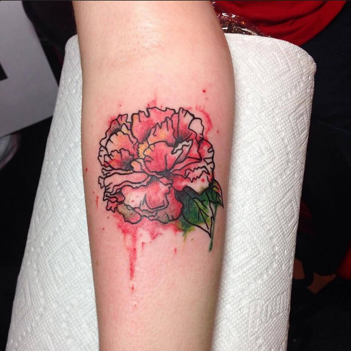 Watercolor Peony Flower Tattoo On Forearm