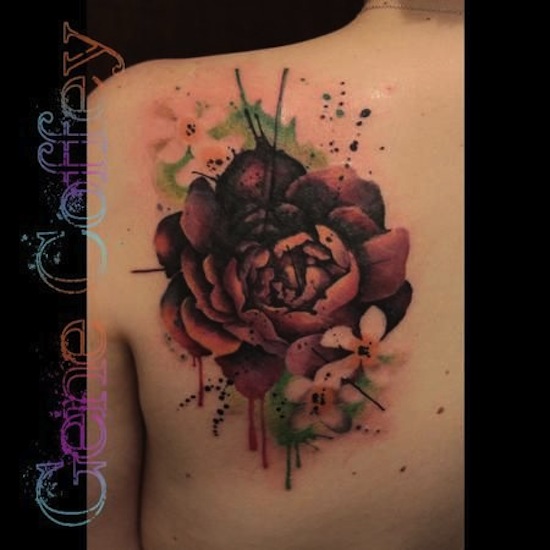 Watercolor Peony Flower Tattoo On Left Back Shoulder
