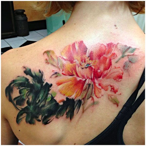 Watercolor Peony Flower Tattoo On Upper Back