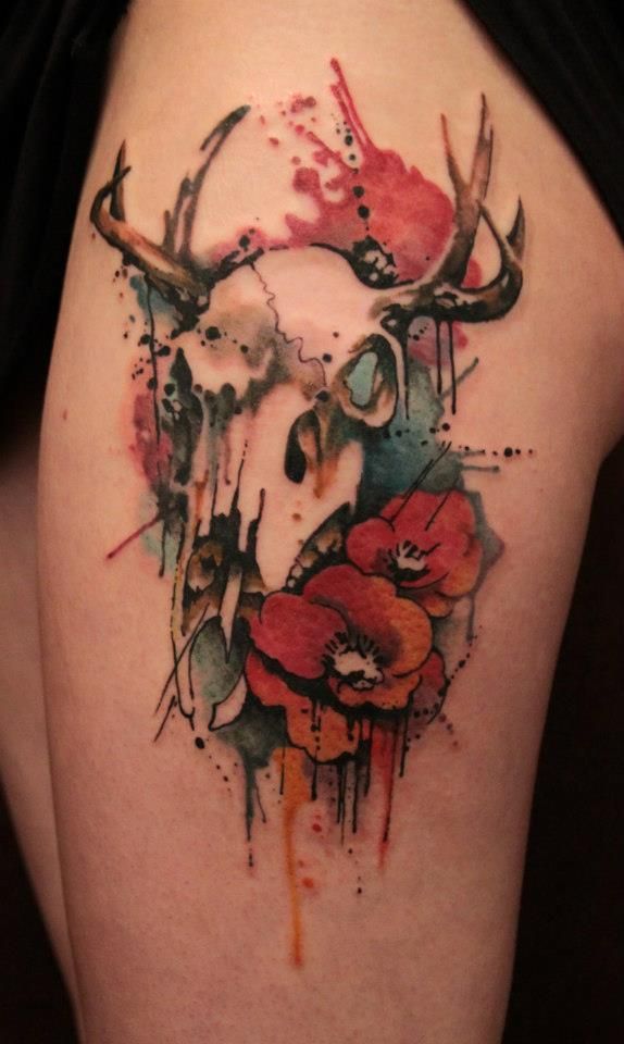 Watercolor Peony Flower With Deer Skull Tattoo On Left Thigh
