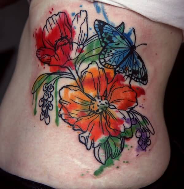 Watercolor Peony Flowers With Butterfly Tattoo On Side Rib