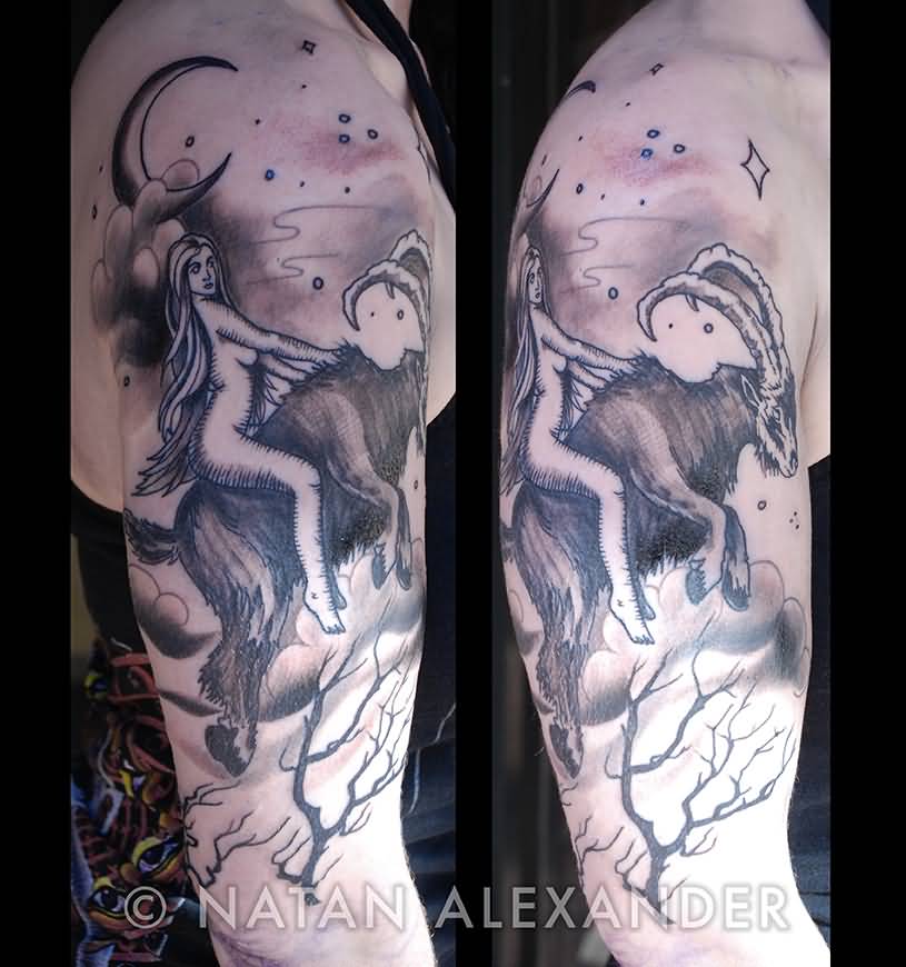 Witch Riding Capricorn Tattoo On Half Sleeve