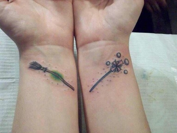 Witch Wand And Broom Tattoos On Wrists