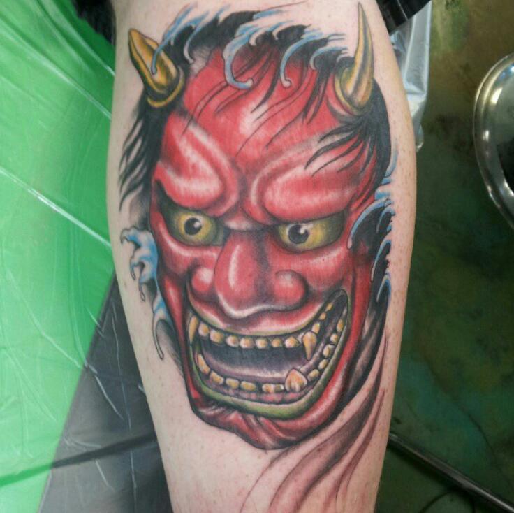 Amazing Devil Hannya Mask Tattoo On Leg