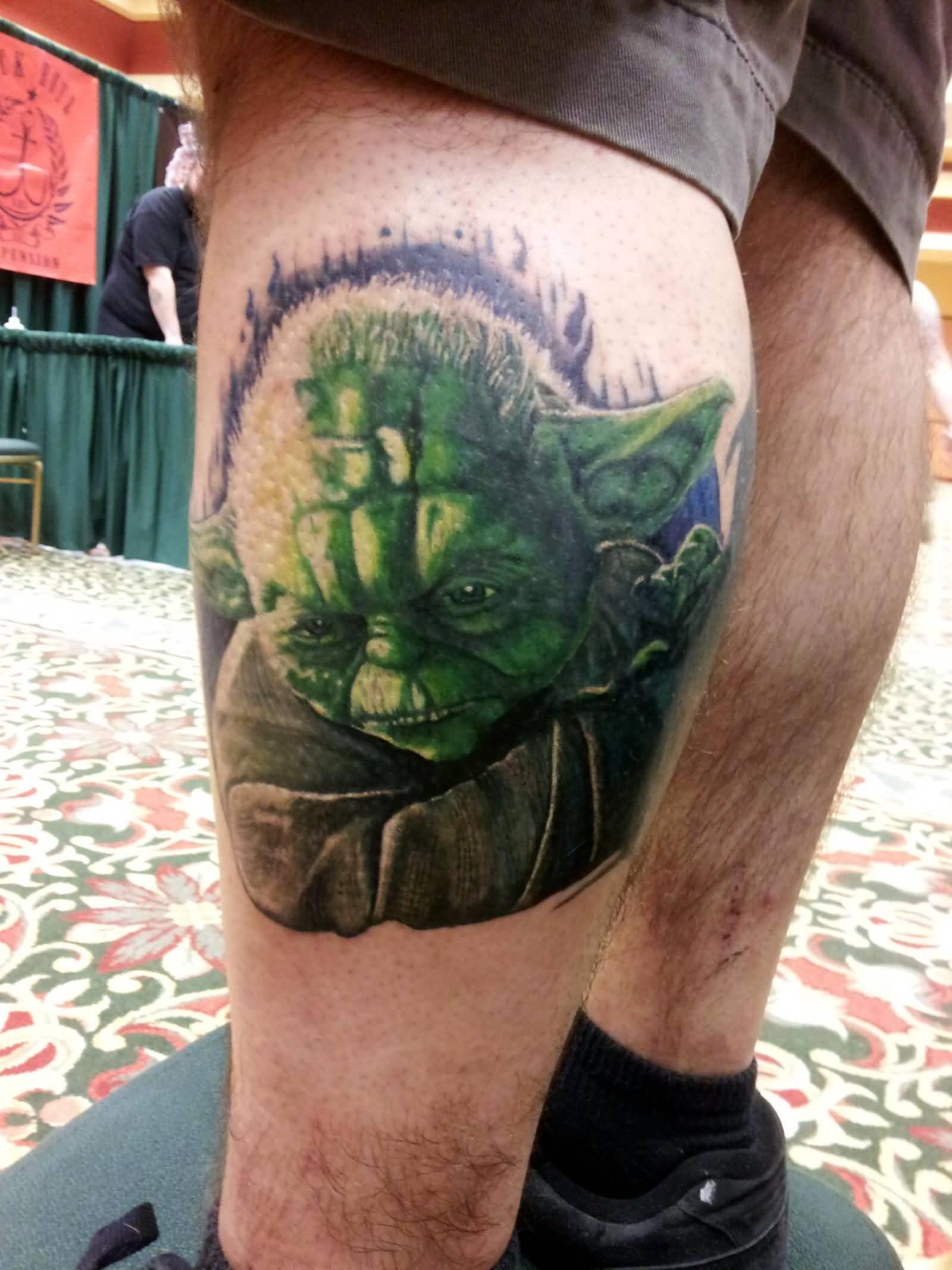 Amazing Star Wars Yoda Tattoo On Left Leg Calf