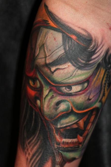 Angry Hannya Mask Tattoo On Leg