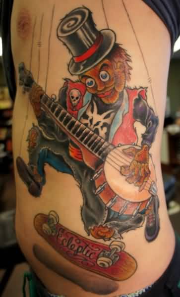 Attractive Colorful Marionette Tattoo On Man Left Side Rib