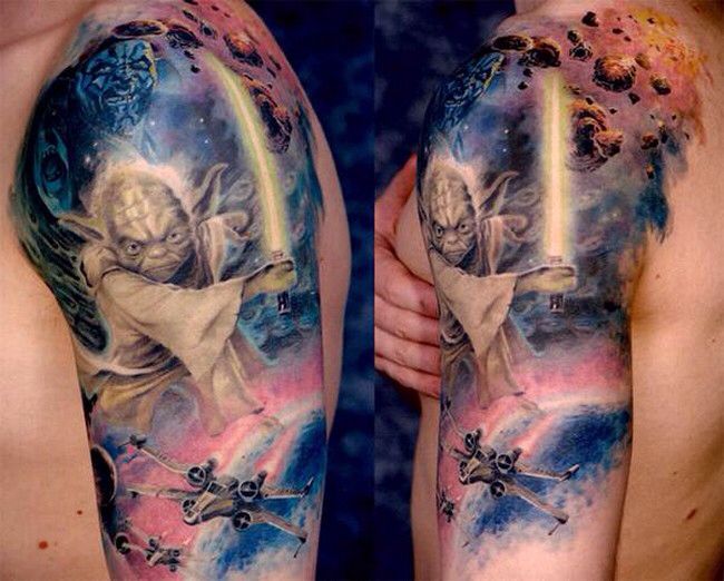 Attractive Yoda Tattoo On Man Left Half Sleeve