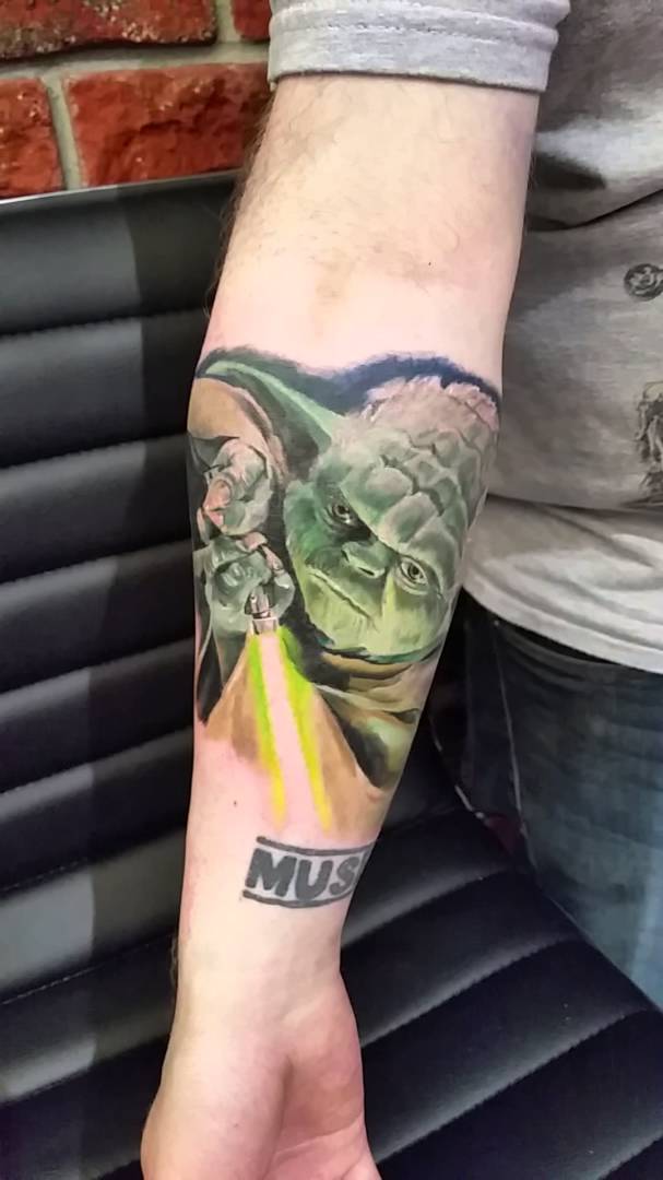 Awesome Star Wars Yoda Tattoo On Right Forearm
