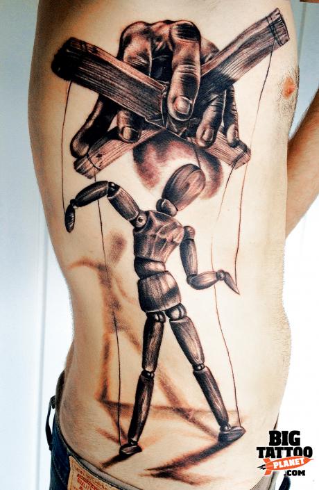 Black And Grey 3D Marionette Doll Tattoo On Man Right Side Rib