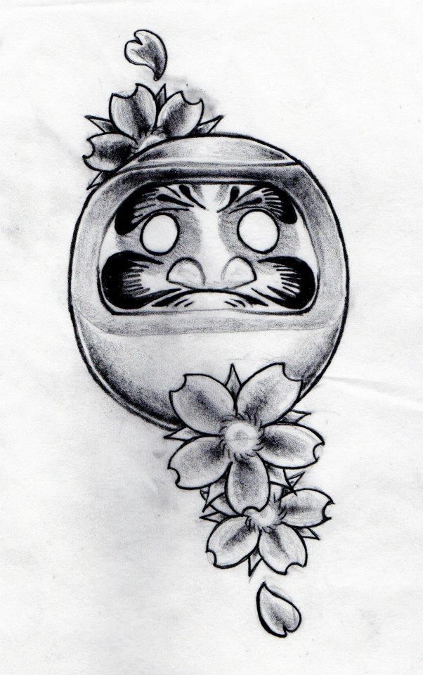 Black And Grey Daruma Doll With Cherry Blossom Flowers Tattoo Design By Aidan