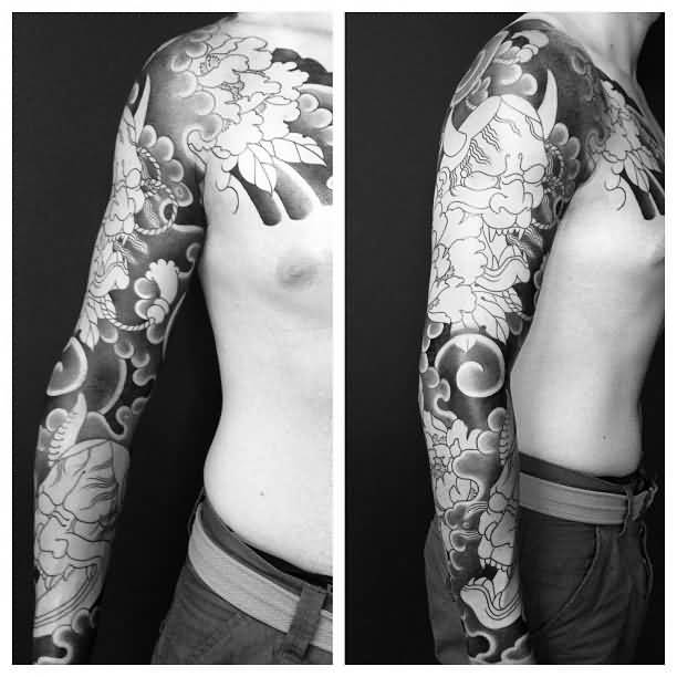 Black And Grey Hannya Tattoo On Man Full Sleeve