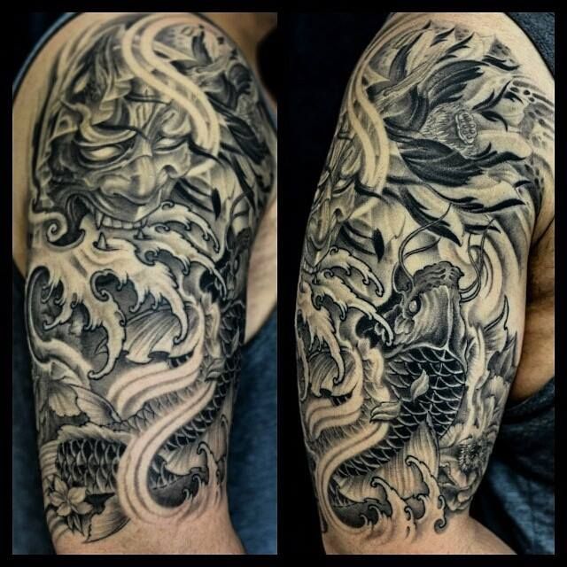 Black And Grey Hannya Tattoo on Right Half Sleeve