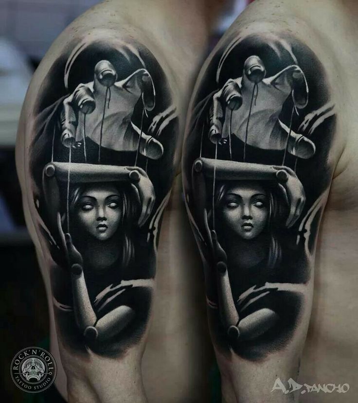 Black Ink 3D Marionette Doll Tattoo On Right Half Sleeve