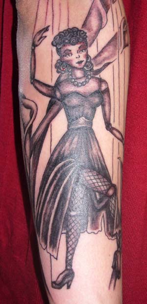 Black Ink Marionette Women Tattoo Design For Sleeve
