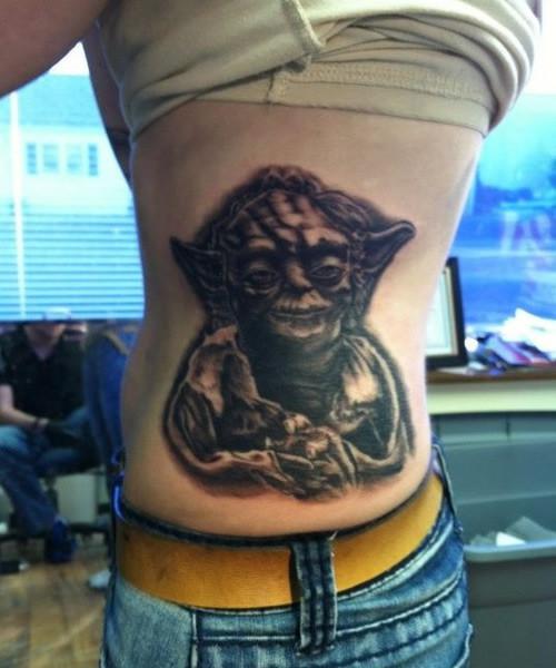 Black Ink Star Wars Yoda Tattoo On Side Rib