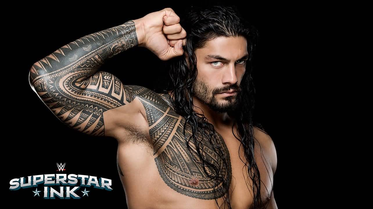 Black Polynesian Tattoo On WWE Roman Reigns Right Full Sleeve And Chest