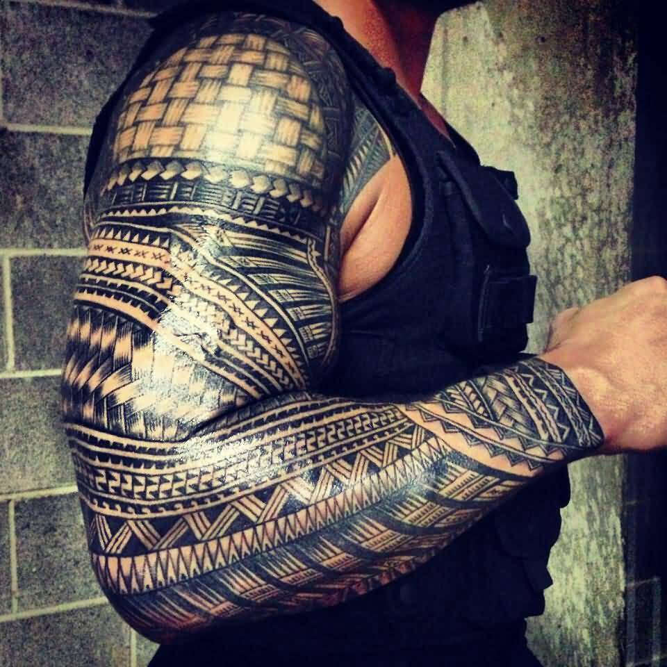 Black Polynesian Tattoo On WWE Roman Reigns Right Full Sleeve