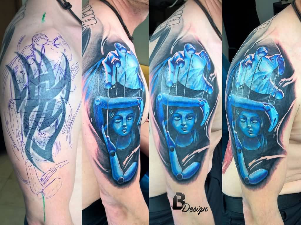 Blue Ink 3D Marionette Doll Tattoo On Right Half Sleeve
