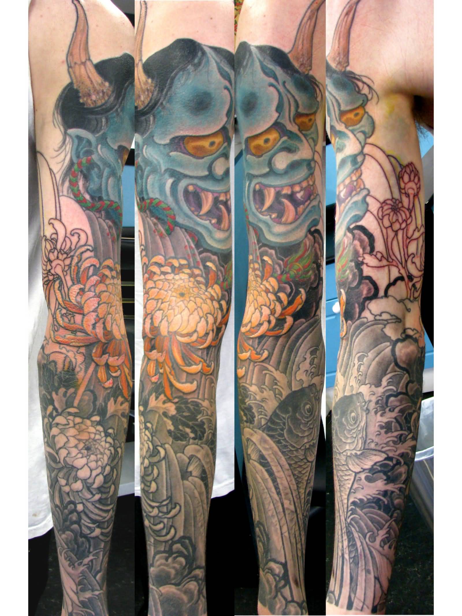 Blue Ink Hannya Mask Tattoo On Full Sleeve