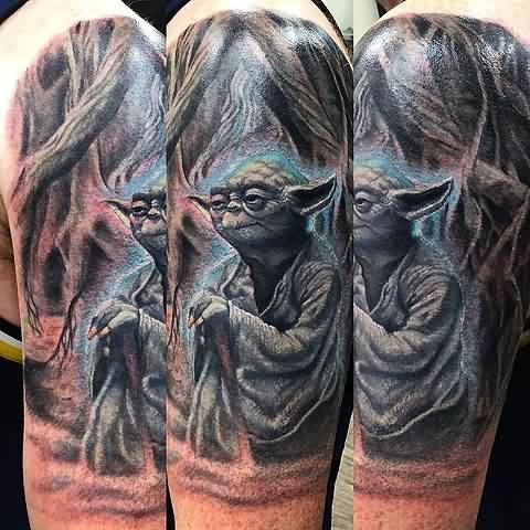 Classic 3D Yoda Tattoo Design For Half Sleeve