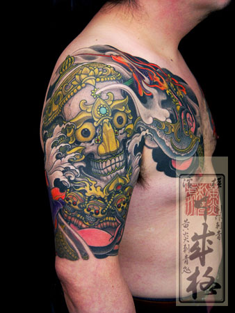 Colored Hannya Shige Tattoo On Right Shoulder